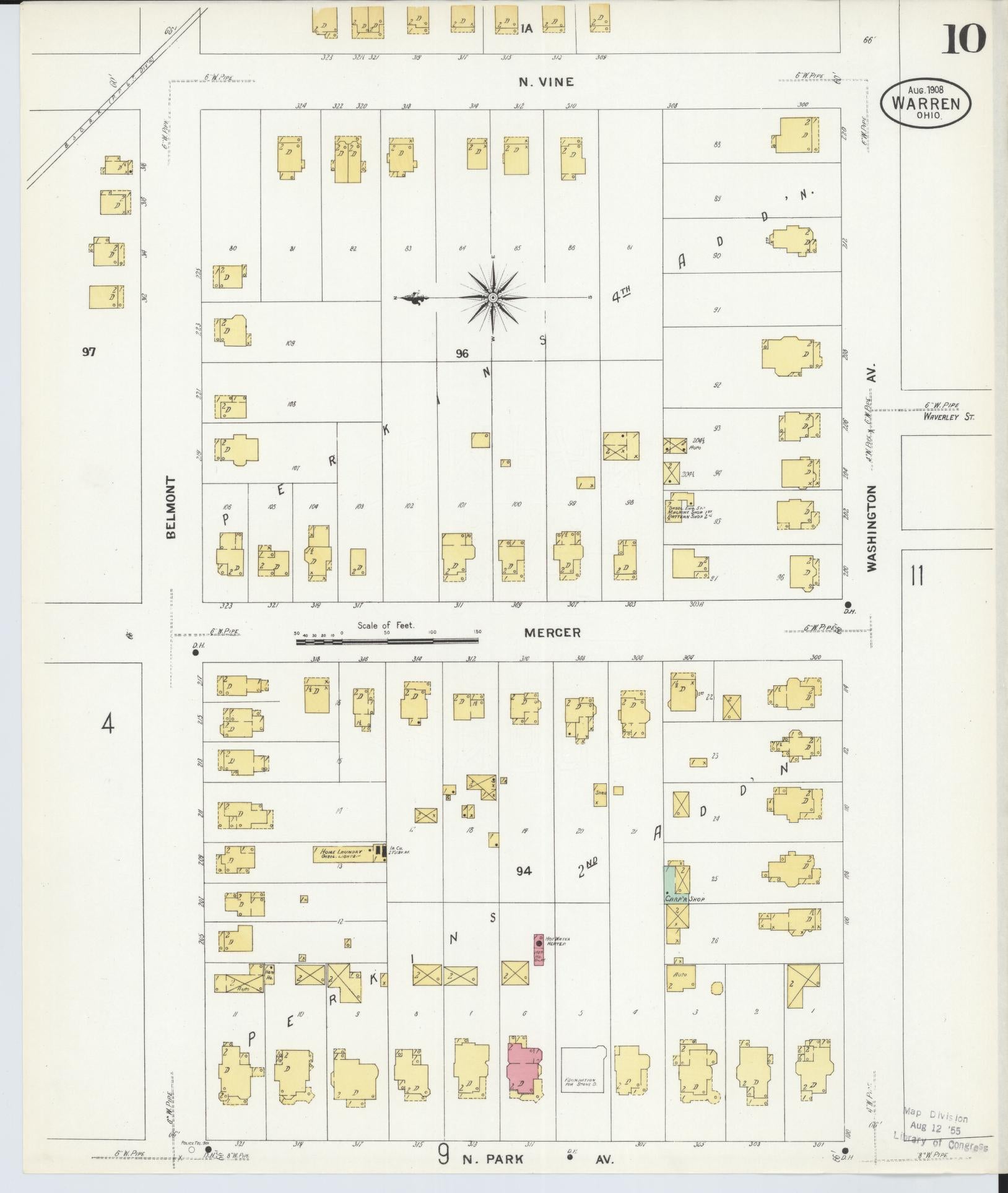 Sanborn Fire Insurance Map from Warren, Trumbull County, Ohio (1908), Sheet #0010 - Historic Sanborn Fire Insurance Map Print, vintage old map wall art, antique decor, genealogy gift, Ohio Ohio map