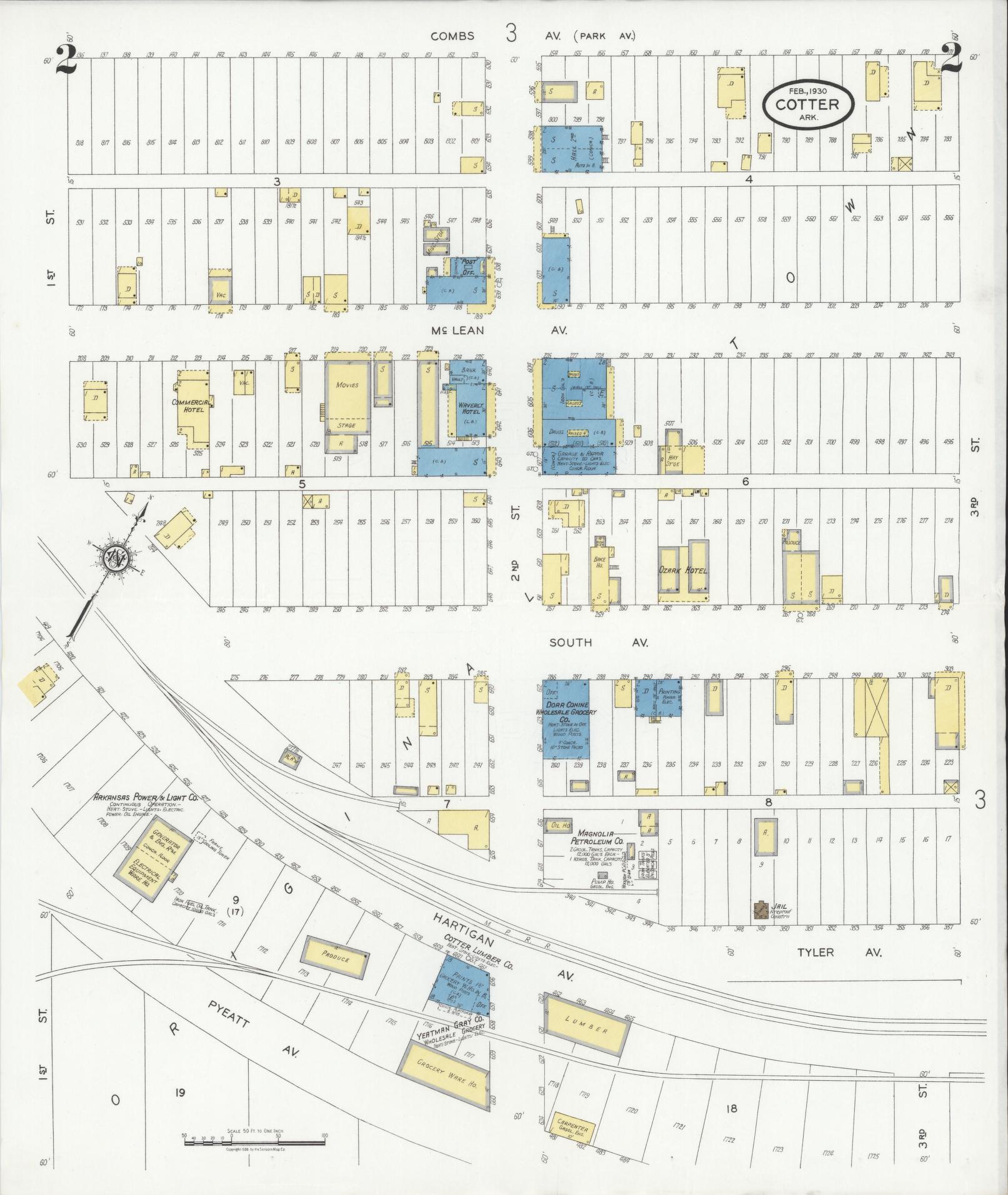 Sanborn Fire Insurance Map from Cotter, Baxter County, Arkansas (1930), Sheet #0002 - Historic Sanborn Fire Insurance Map Print, vintage old map wall art, antique decor, genealogy gift, Arkansas Arkansas map
