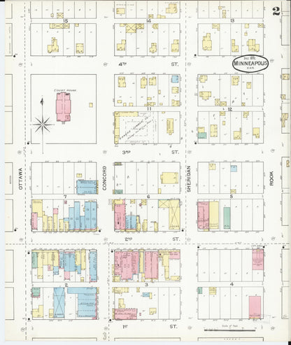 Sanborn Fire Insurance Map from Minneapolis, Ottawa  County, Kansas (1892), Sheet #0002 - Complete Map Set gallery image, historic Sanborn map, vintage wall art, Kansas Kansas