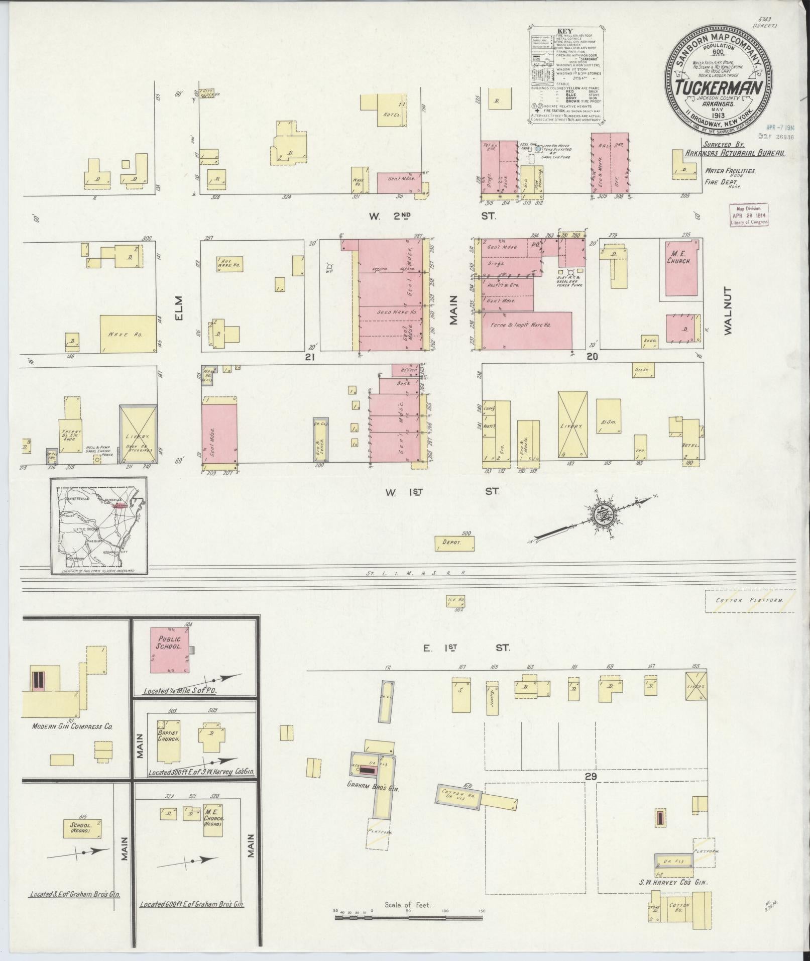 Sanborn Fire Insurance Map from Tuckerman, Jackson County, Arkansas (1913), Sheet #0001 - Historic Sanborn Fire Insurance Map Print, vintage old map wall art, antique decor, genealogy gift, Arkansas Arkansas map