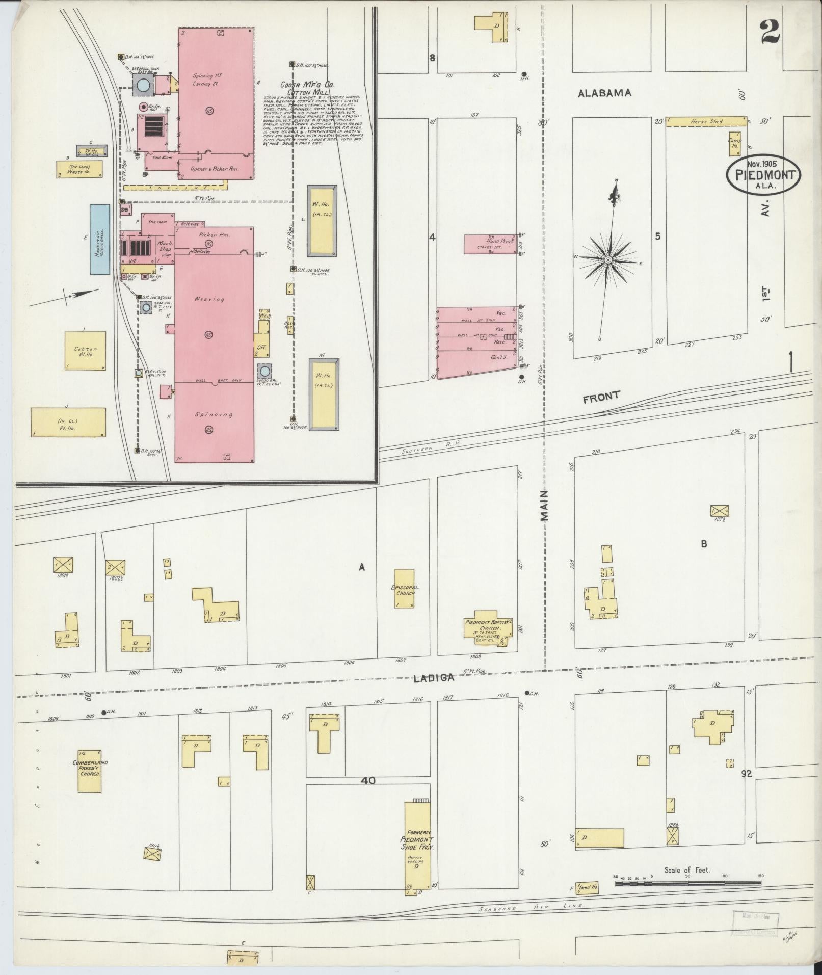 Sanborn Fire Insurance Map from Piedmont, Calhoun County, Alabama (1905), Sheet #0002 - Historic Sanborn Fire Insurance Map Print, vintage old map wall art, antique decor, genealogy gift, Alabama Alabama map