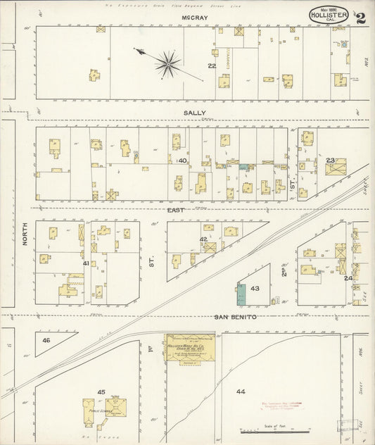 Sanborn Fire Insurance Map from Hollister, San Benito County, California (1892), Sheet #0002 - Historic Sanborn Fire Insurance Map Print, vintage old map wall art, antique decor, genealogy gift, California California map