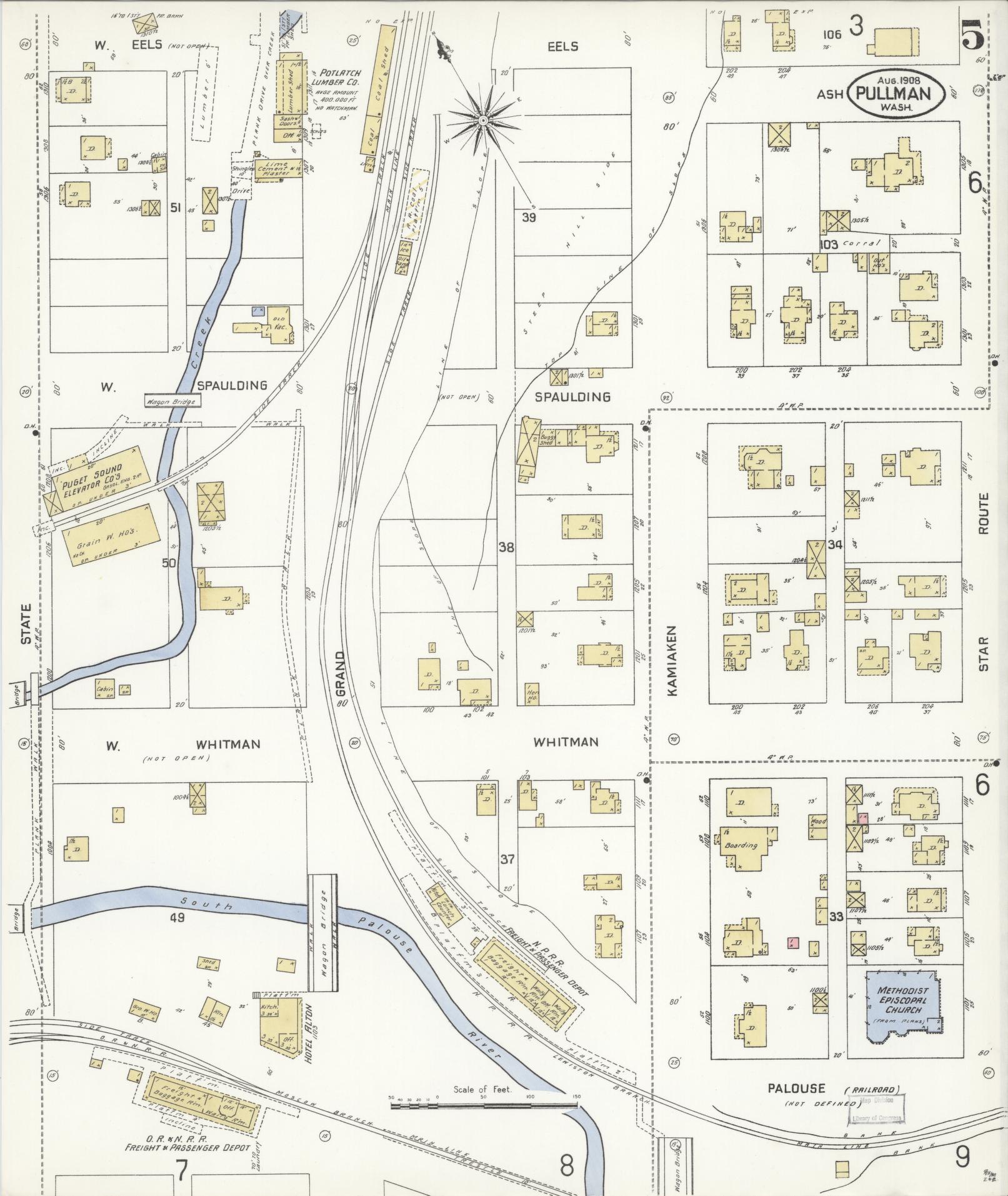 Sanborn Fire Insurance Map from Pullman, Whitman County, Washington (1908), Sheet #0005 - Complete Map Set gallery image, historic Sanborn map, vintage wall art, Washington Washington