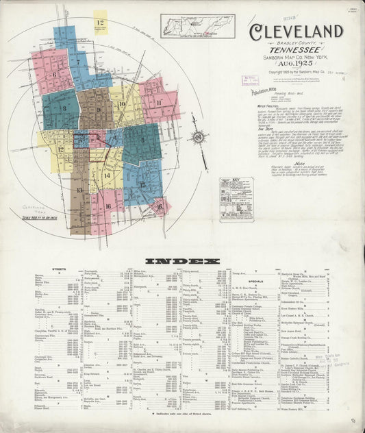 Sanborn Fire Insurance Map from Cleveland, Bradley County, Tennessee (1925), Sheet #0001 - Complete Map Set gallery image, historic Sanborn map, vintage wall art, Tennessee Tennessee