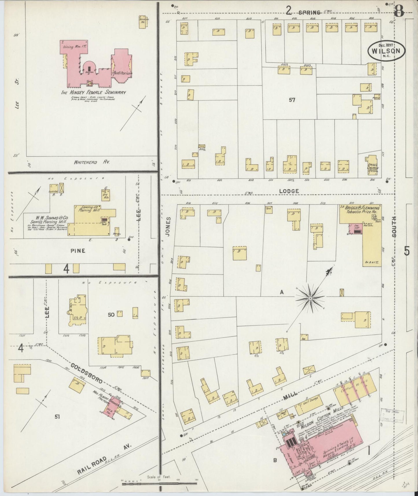 Sanborn Fire Insurance Map from Wilson, Wilson County, North Carolina (1897), Sheet #0008 - Historic Sanborn Fire Insurance Map Print, vintage old map wall art, antique decor, genealogy gift, North Carolina North Carolina map