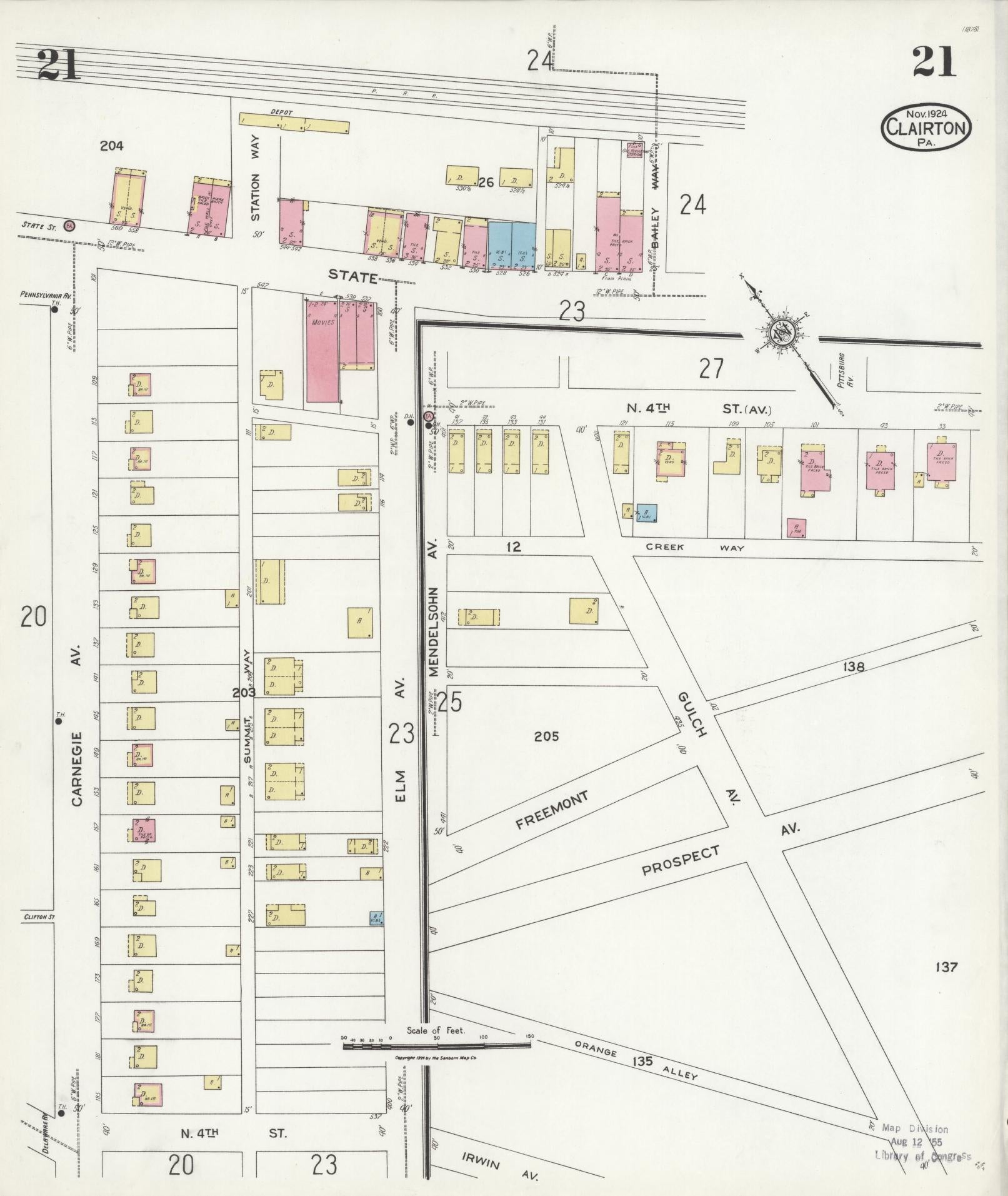 Sanborn Fire Insurance Map from Clairton, Allegheny County, Pennsylvania (1924), Sheet #0021 - Historic Sanborn Fire Insurance Map Print, vintage old map wall art, antique decor, genealogy gift, Pennsylvania Pennsylvania map