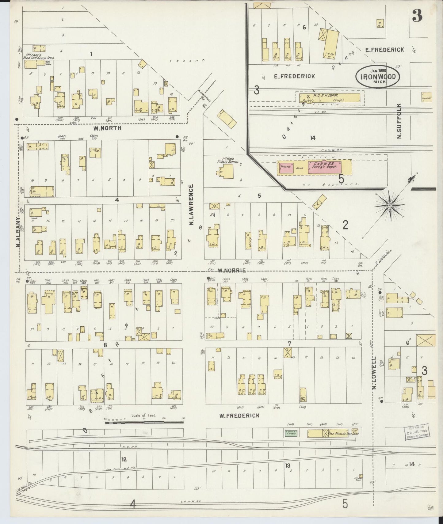 Sanborn Fire Insurance Map from Ironwood, Gogebic County, Michigan (1898), Sheet #0003 - Historic Sanborn Fire Insurance Map Print, vintage old map wall art, antique decor, genealogy gift, Michigan Michigan map