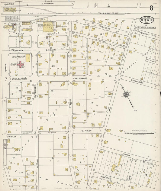 Sanborn Fire Insurance Map from Bowie, Montague County, Texas (1922), Sheet #0008 - Historic Sanborn Fire Insurance Map Print, vintage old map wall art, antique decor, genealogy gift, Texas Texas map