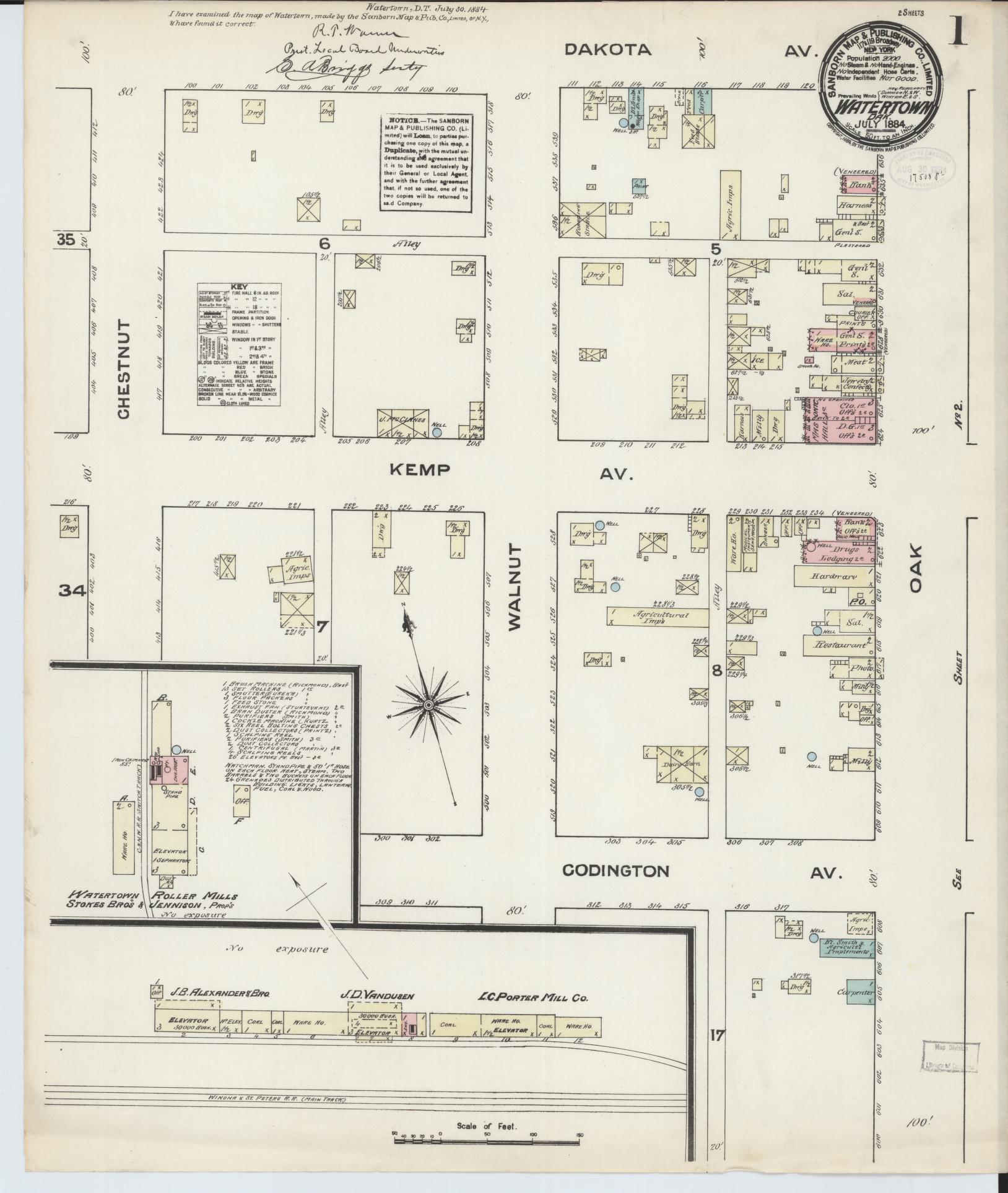 Sanborn Fire Insurance Map from Watertown, Codington County, South Dakota (1884), Sheet #0001 - Complete Map Set gallery image, historic Sanborn map, vintage wall art, South Dakota South Dakota