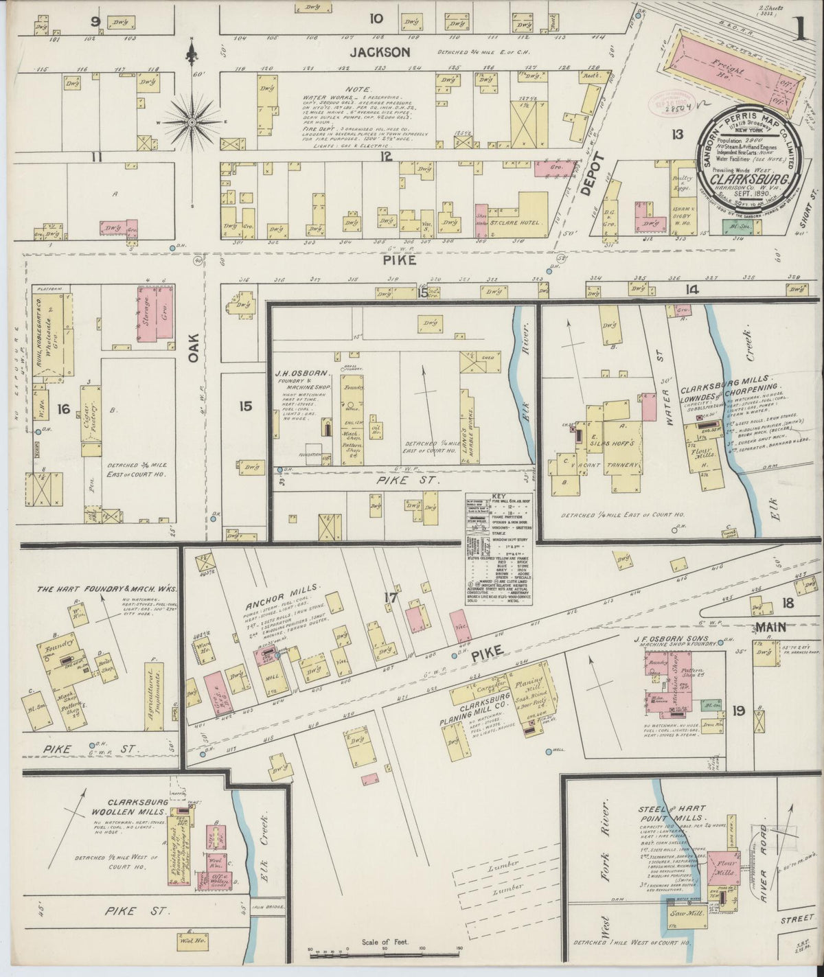 Sanborn Fire Insurance Map from Clarksburg, Harrison County, West Virginia (1890), Sheet #0001 - Historic Sanborn Fire Insurance Map Print, vintage old map wall art, antique decor, genealogy gift, West Virginia West Virginia map