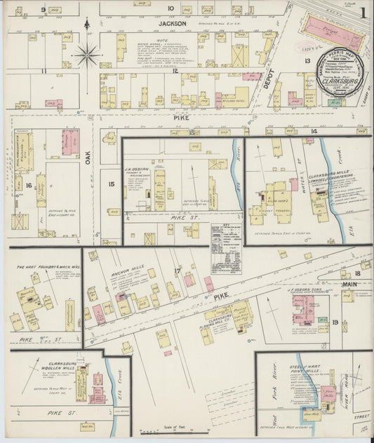 Sanborn Fire Insurance Map from Clarksburg, Harrison County, West Virginia (1890), Sheet #0001 - Historic Sanborn Fire Insurance Map Print, vintage old map wall art, antique decor, genealogy gift, West Virginia West Virginia map