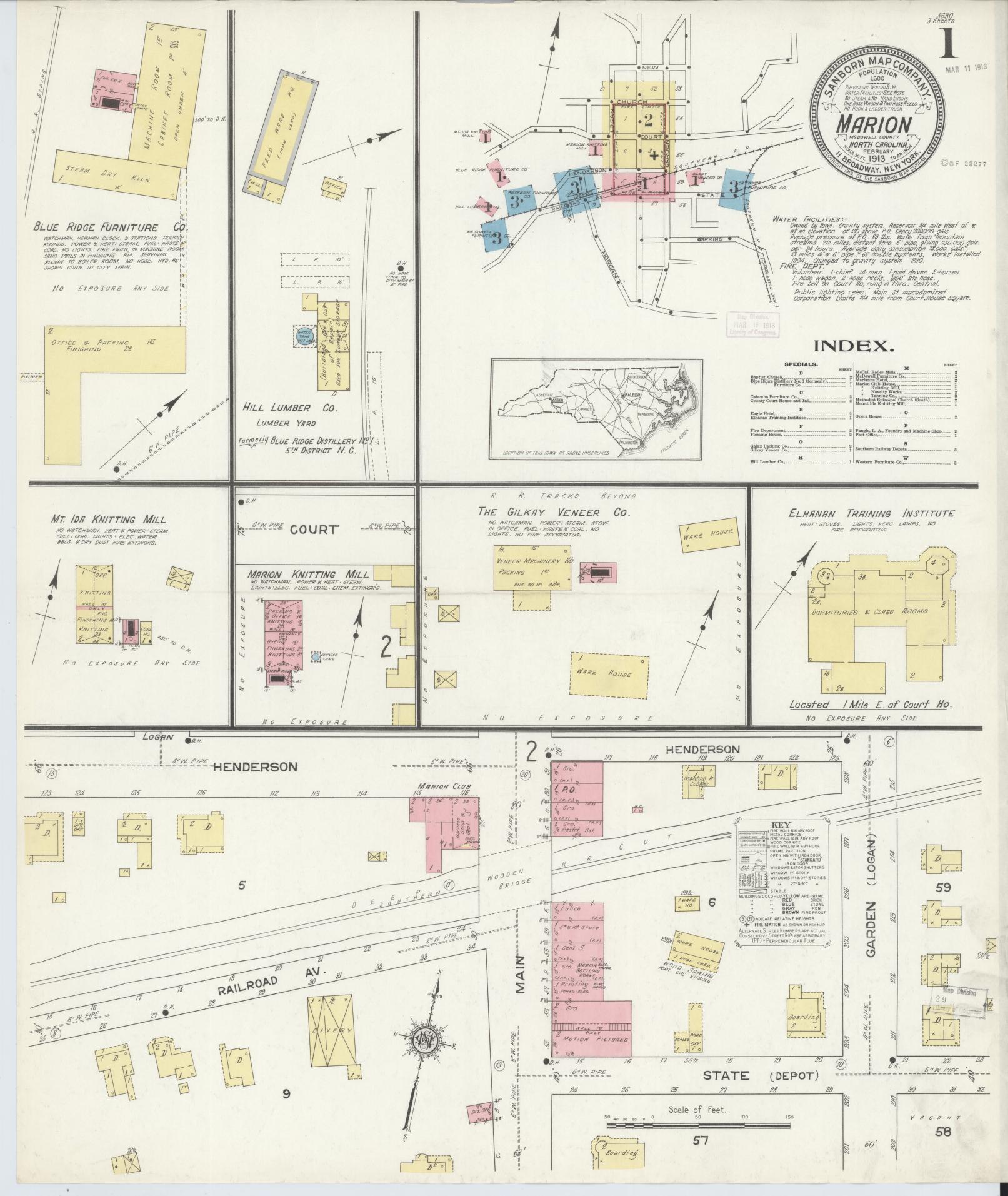 Sanborn Fire Insurance Map from Marion, Mcdowell County, North Carolina (1913), Sheet #0001 - Historic Sanborn Fire Insurance Map Print, vintage old map wall art, antique decor, genealogy gift, North Carolina North Carolina map