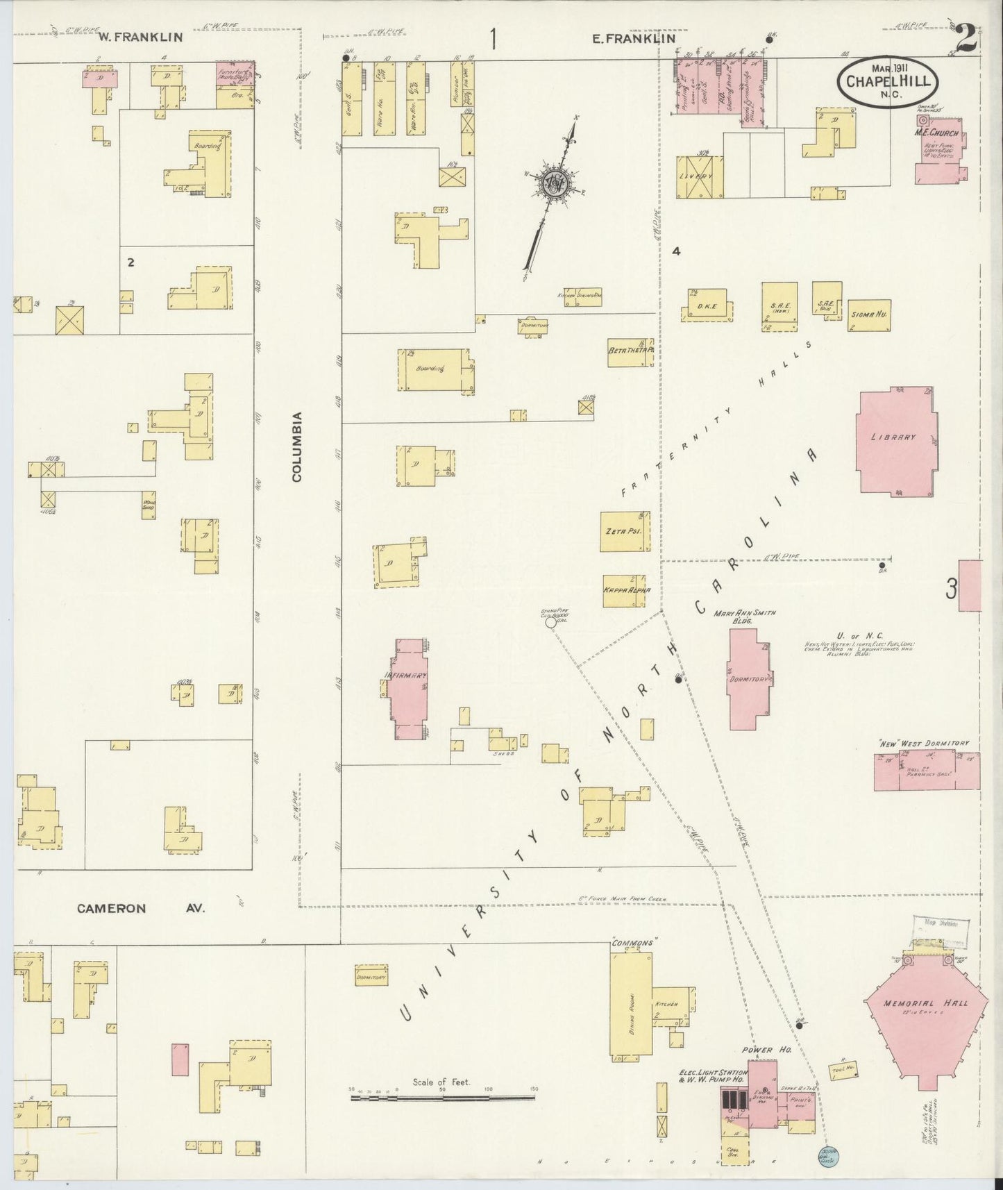 Sanborn Fire Insurance Map from Chapel Hill, Orange County, North Carolina (1911), Sheet #0002 - Complete Map Set gallery image, historic Sanborn map, vintage wall art, North Carolina North Carolina