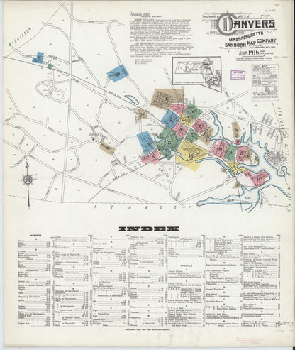 Sanborn Fire Insurance Map from Danvers, Essex County, Massachusetts (1916), Sheet #0001 - Historic Sanborn Fire Insurance Map Print, vintage old map wall art, antique decor, genealogy gift, Massachusetts Massachusetts map