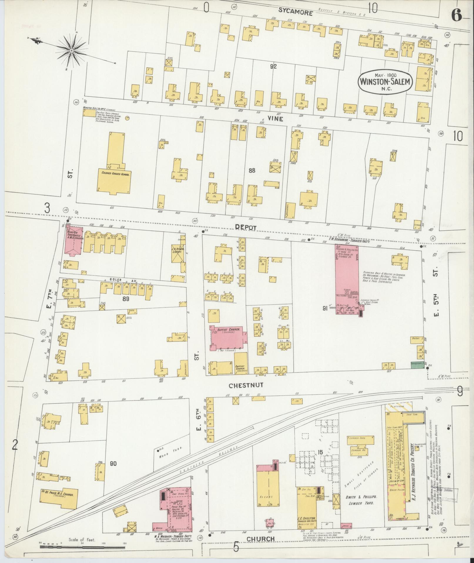 Sanborn Fire Insurance Map from Winston-Salem, Forsyth County, North Carolina (1900), Sheet #0006 - Complete Map Set gallery image, historic Sanborn map, vintage wall art, North Carolina North Carolina