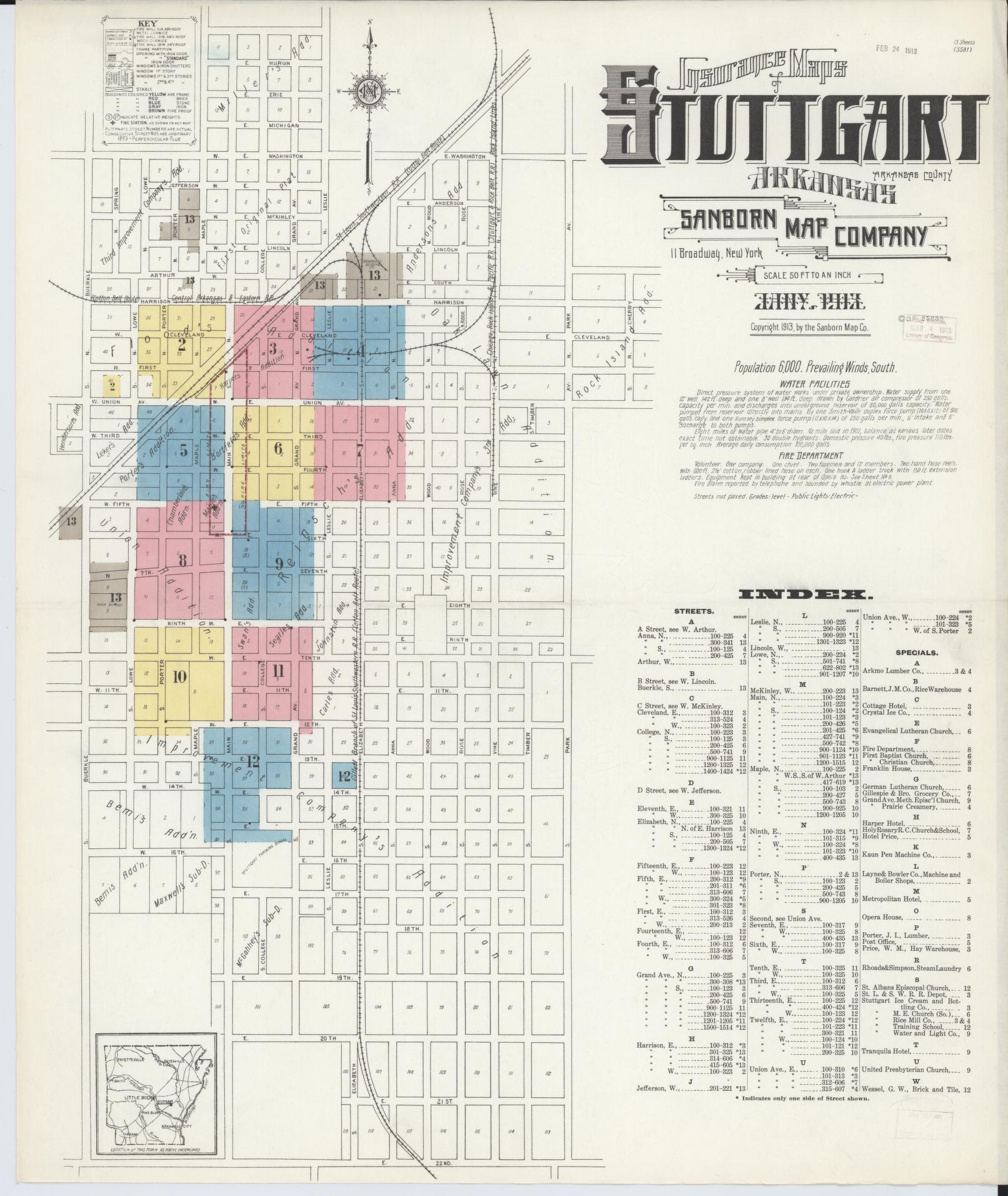 Sanborn Fire Insurance Map from Stuttgart, Arkansas County, Arkansas (1913), Sheet #0001 - Complete Map Set gallery image, historic Sanborn map, vintage wall art, Stuttgart Arkansas