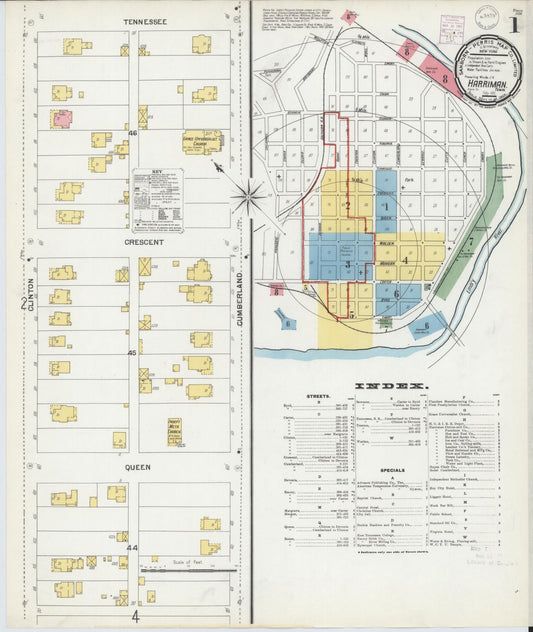 Sanborn Fire Insurance Map from Harriman, Roane County, Tennessee (1901), Sheet #0001 - Historic Sanborn Fire Insurance Map Print, vintage old map wall art, antique decor, genealogy gift, Tennessee Tennessee map