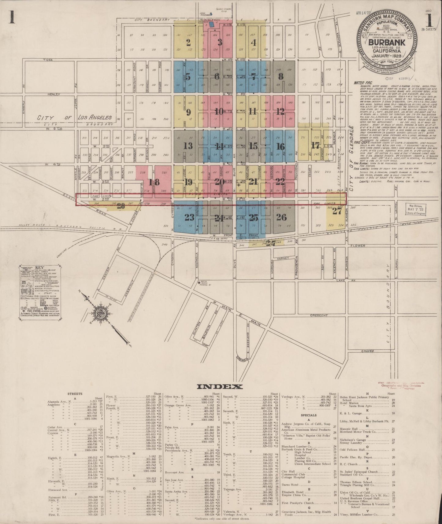 Sanborn Fire Insurance Map from Burbank, Los Angeles County, California (1923), Sheet #0001 - Complete Map Set gallery image, historic Sanborn map, vintage wall art, California California