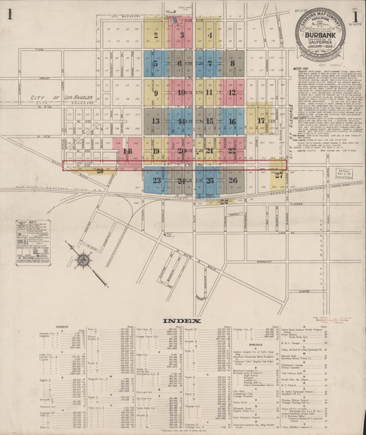 Sanborn Fire Insurance Map from Burbank, Los Angeles County, California (1923), Sheet #0001 - Complete Map Set gallery image, historic Sanborn map, vintage wall art, California California