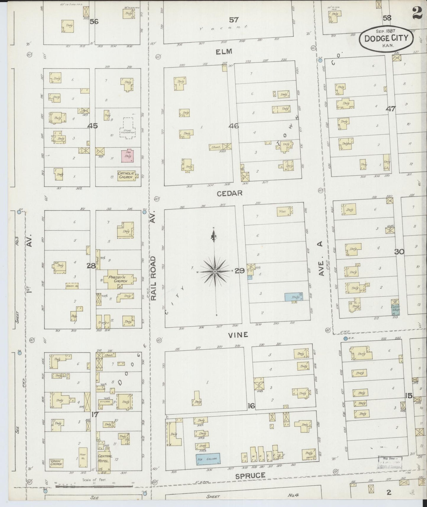 Sanborn Fire Insurance Map from Dodge City, Ford County, Kansas (1887), Sheet #0002 - Complete Map Set gallery image, historic Sanborn map, vintage wall art, Kansas Kansas