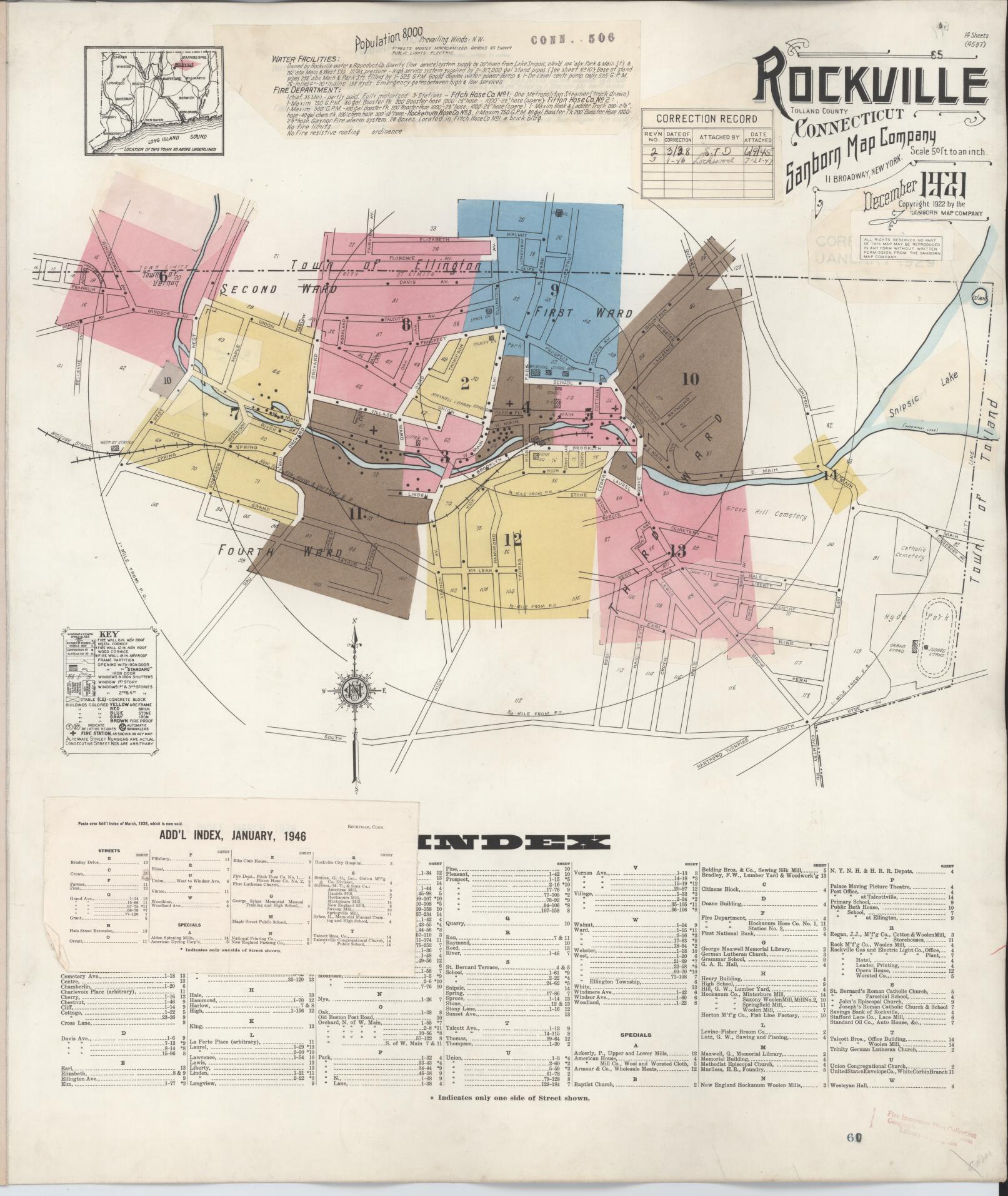 Sanborn Fire Insurance Map from Rockville, Tolland County, Connecticut (1946), Sheet #0001 - Historic Sanborn Fire Insurance Map Print, vintage old map wall art, antique decor, genealogy gift, Connecticut Connecticut map