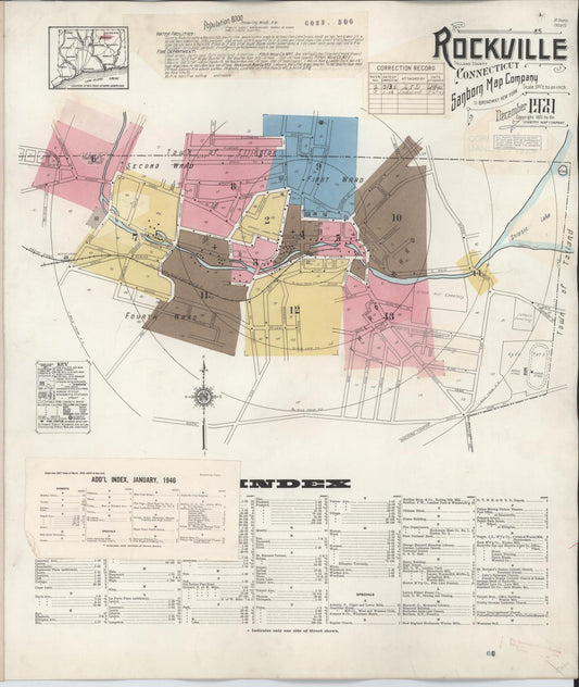 Sanborn Fire Insurance Map from Rockville, Tolland County, Connecticut (1946), Sheet #0001 - Historic Sanborn Fire Insurance Map Print, vintage old map wall art, antique decor, genealogy gift, Connecticut Connecticut map