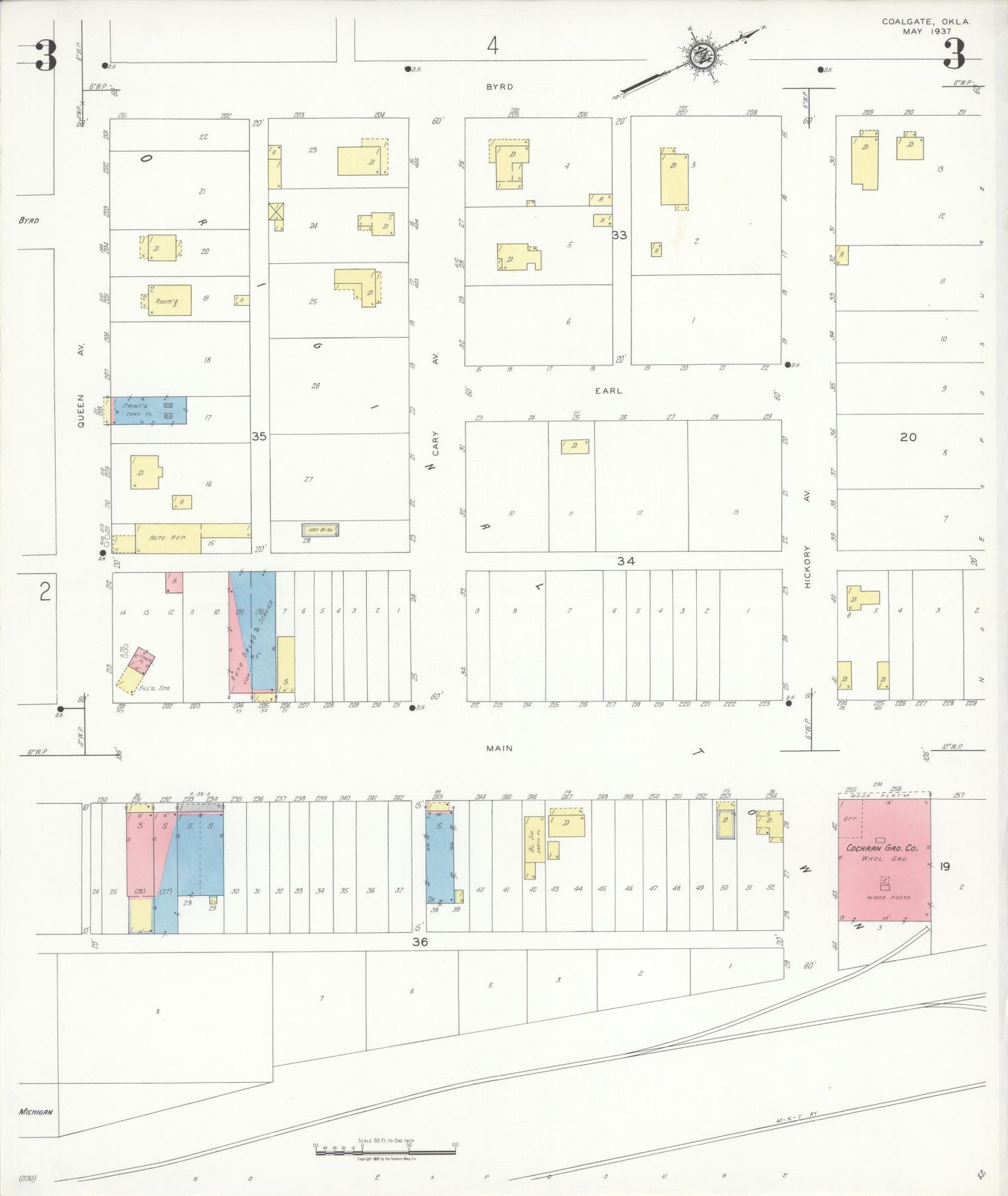 Sanborn Fire Insurance Map from Coalgate, Coal County, Oklahoma (1937), Sheet #0003 - Historic Sanborn Fire Insurance Map Print, vintage old map wall art, antique decor, genealogy gift, Oklahoma Oklahoma map