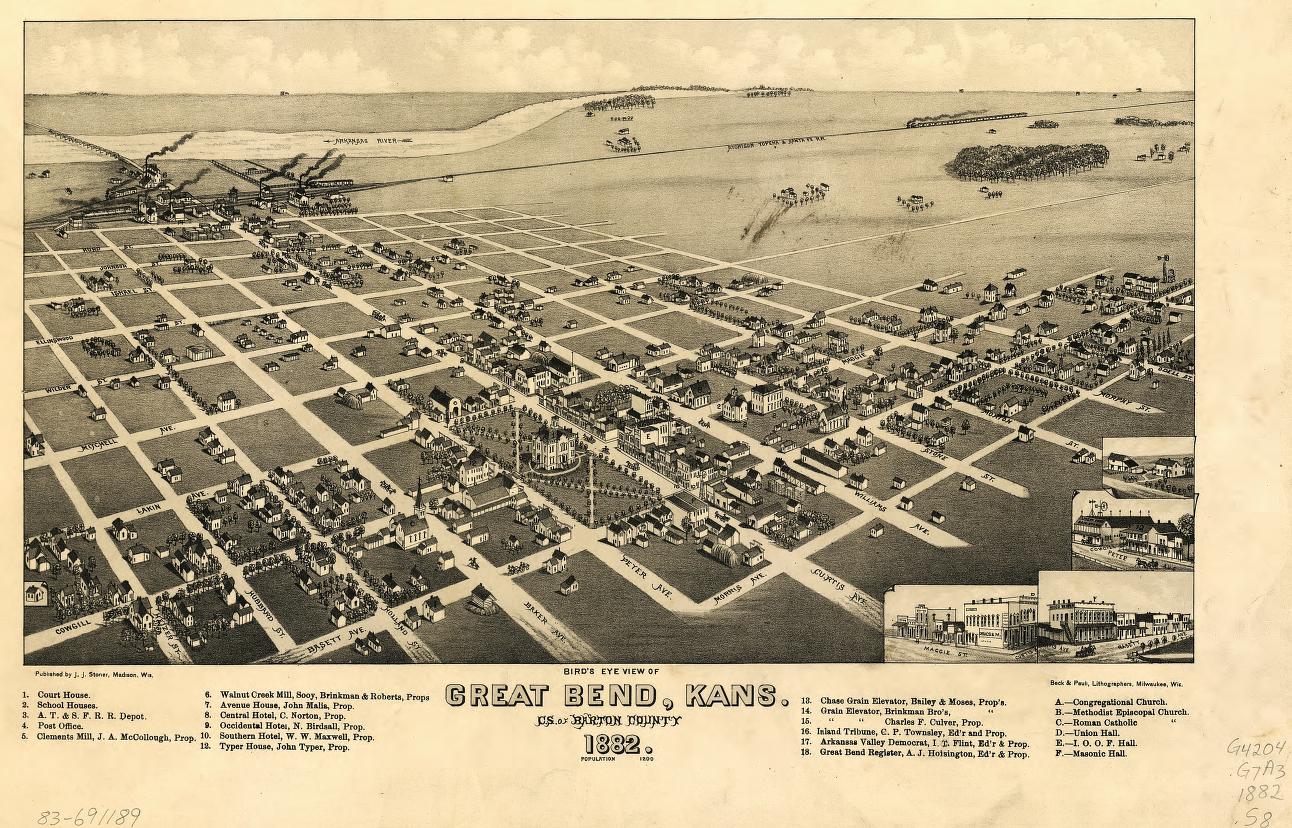 Bird's eye view of Great Bend, Kans. : c.s. of Barton County, 1882. (1882) – Historic Bird’s-Eye View Panorama Print