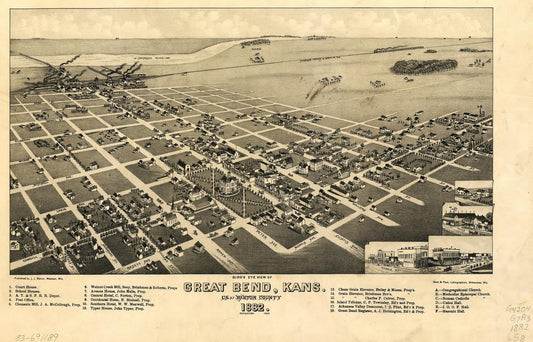 Bird's eye view of Great Bend, Kans. : c.s. of Barton County, 1882. (1882) – Historic Bird’s-Eye View Panorama Print