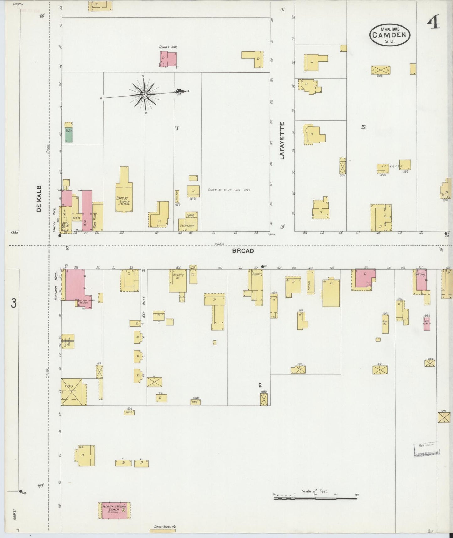 Sanborn Fire Insurance Map from Camden, Kershaw County, South Carolina (1905), Sheet #0004 - Complete Map Set gallery image, historic Sanborn map, vintage wall art, South Carolina South Carolina