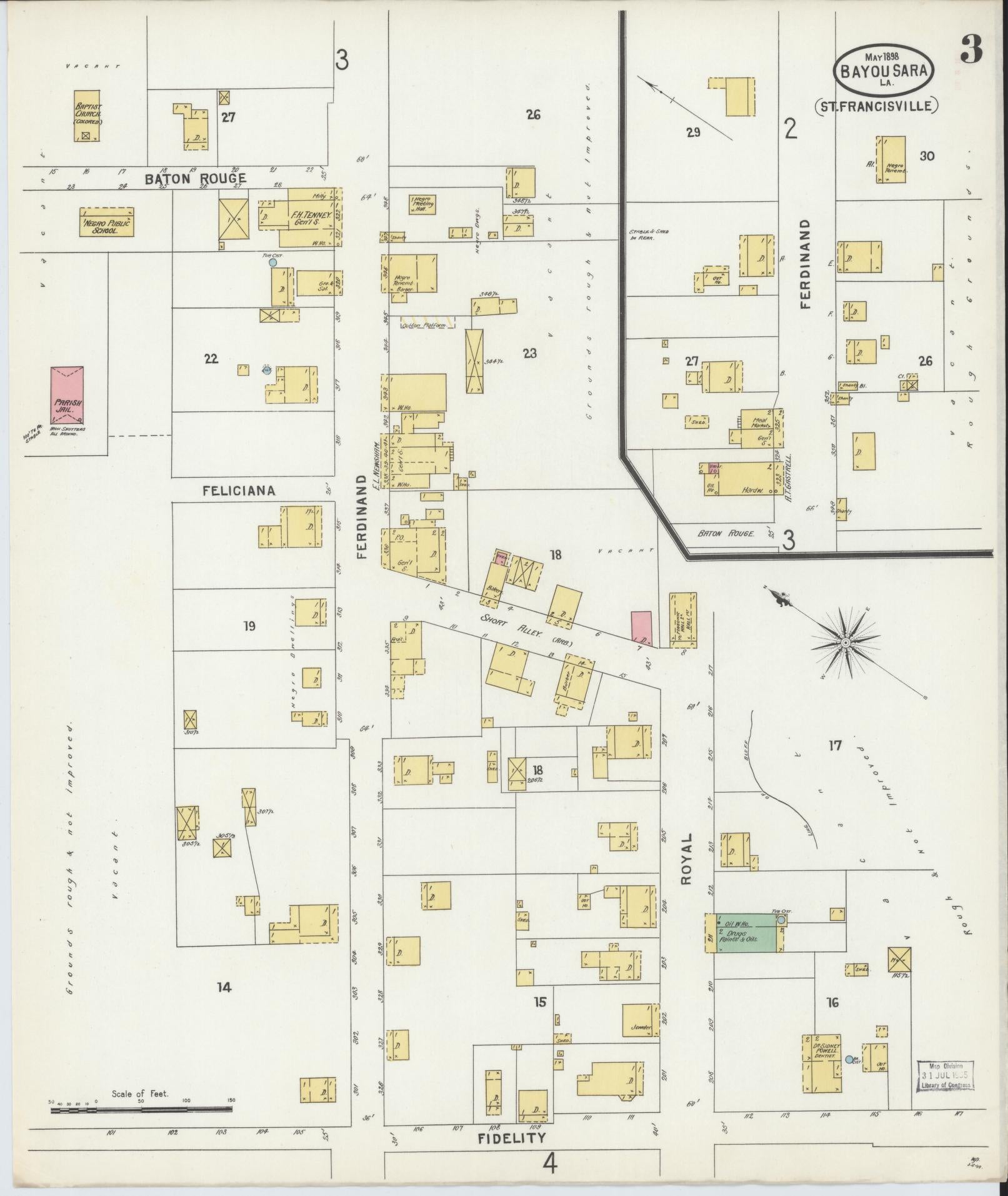 Sanborn Fire Insurance Map from Bayou Sara, West Feliciana Parish, Louisiana (1898), Sheet #0003 - Historic Sanborn Fire Insurance Map Print, vintage old map wall art, antique decor, genealogy gift, Louisiana Louisiana map