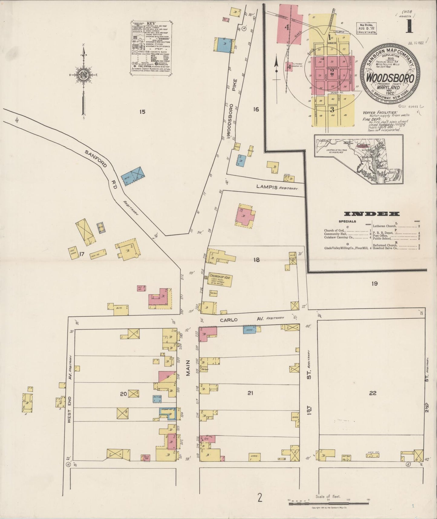 Sanborn Fire Insurance Map from Woodsboro, Frederick County, Maryland (1922), Sheet #0001 - Historic Sanborn Fire Insurance Map Print, vintage old map wall art, antique decor, genealogy gift, Maryland Maryland map