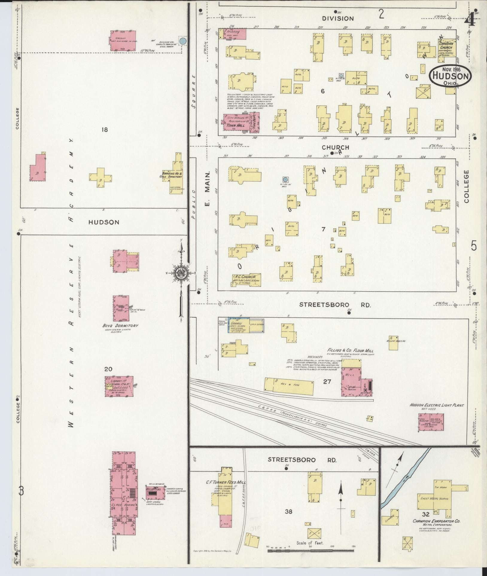 Sanborn Fire Insurance Map from Hudson, Summit County, Ohio (1916), Sheet #0004 - Historic Sanborn Fire Insurance Map Print, vintage old map wall art, antique decor, genealogy gift, Ohio Ohio map