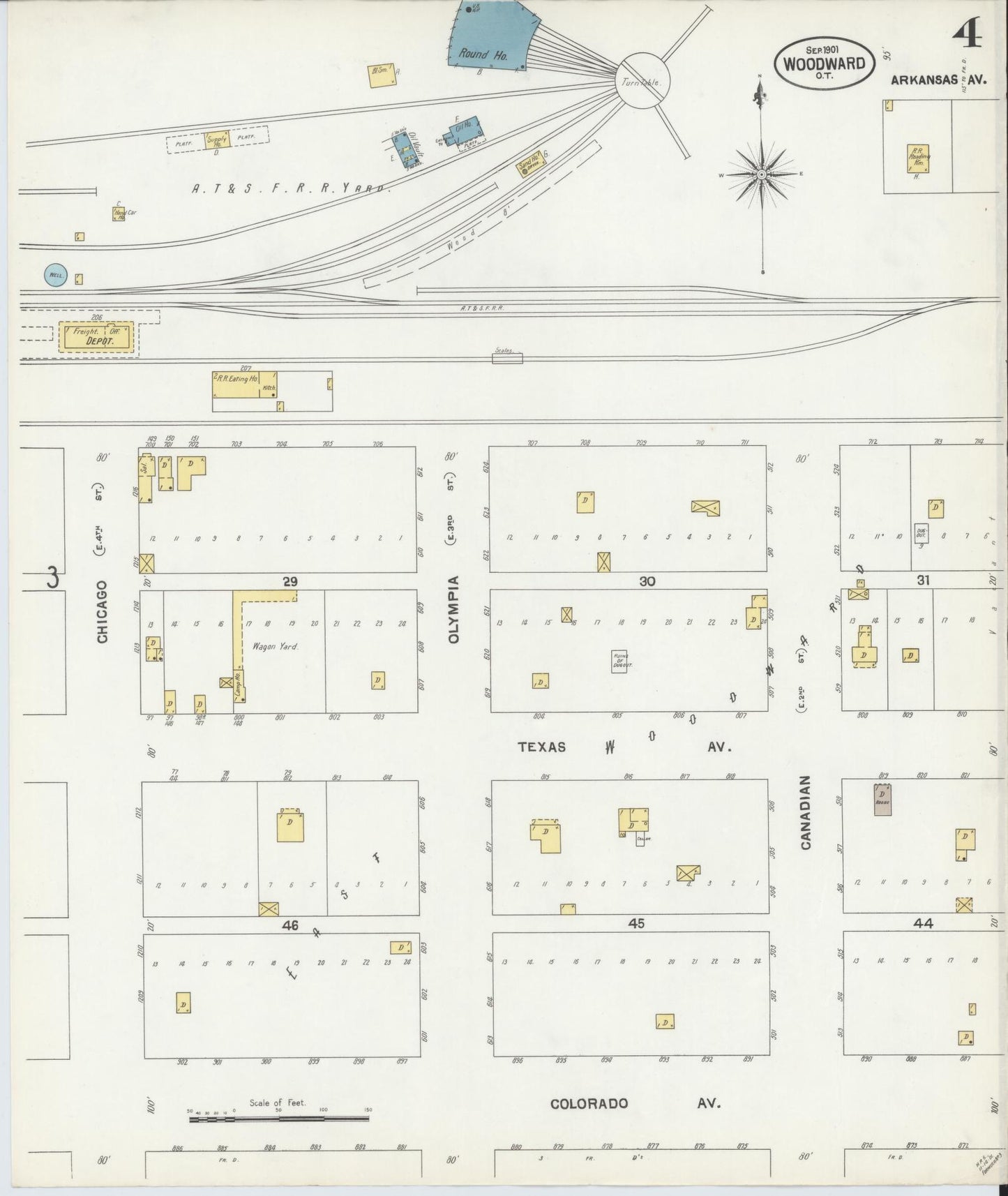 Sanborn Fire Insurance Map from Woodward, Woodward County, Oklahoma (1901), Sheet #0004 - Historic Sanborn Fire Insurance Map Print, vintage old map wall art, antique decor, genealogy gift, Oklahoma Oklahoma map