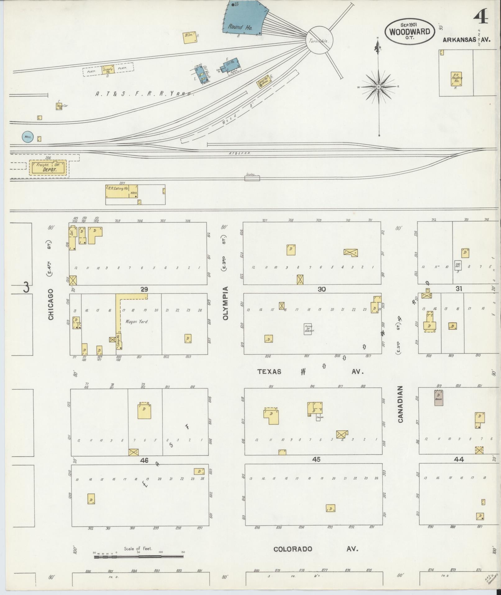 Sanborn Fire Insurance Map from Woodward, Woodward County, Oklahoma (1901), Sheet #0004 - Historic Sanborn Fire Insurance Map Print, vintage old map wall art, antique decor, genealogy gift, Oklahoma Oklahoma map