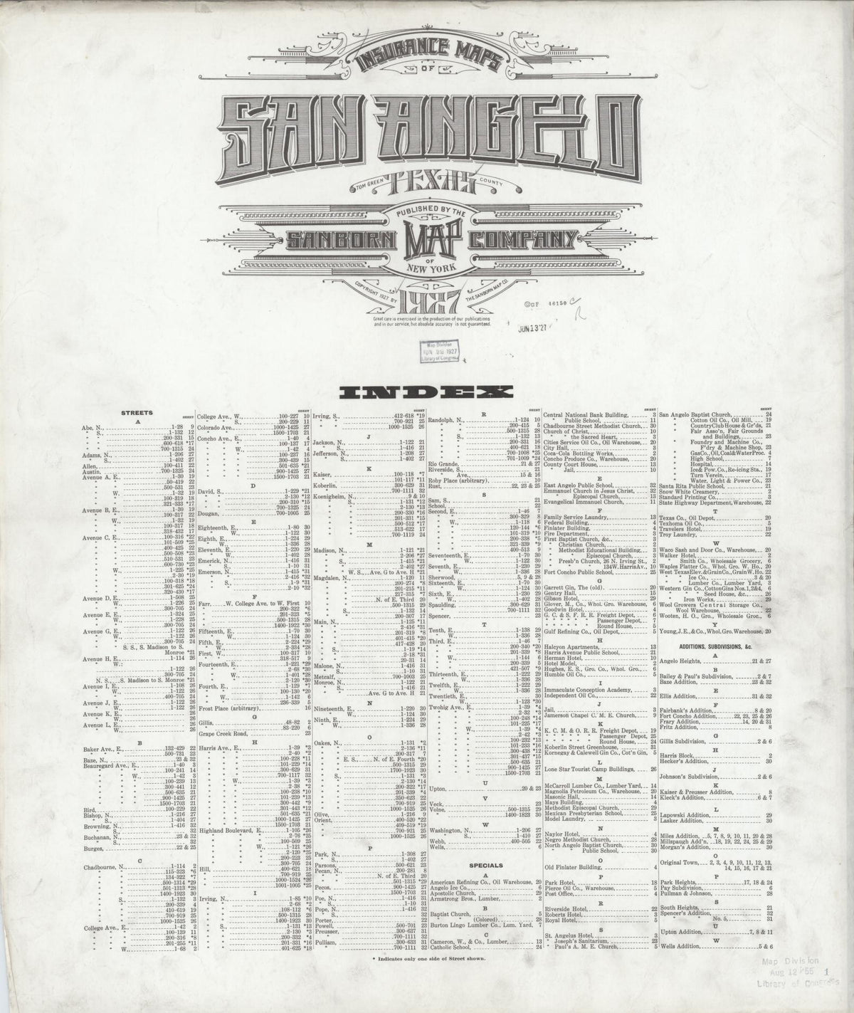 Sanborn Fire Insurance Map from San Angelo, Tom Green County, Texas (1927), Sheet #0001 - Historic Sanborn Fire Insurance Map Print, vintage old map wall art, antique decor, genealogy gift, Texas Texas map