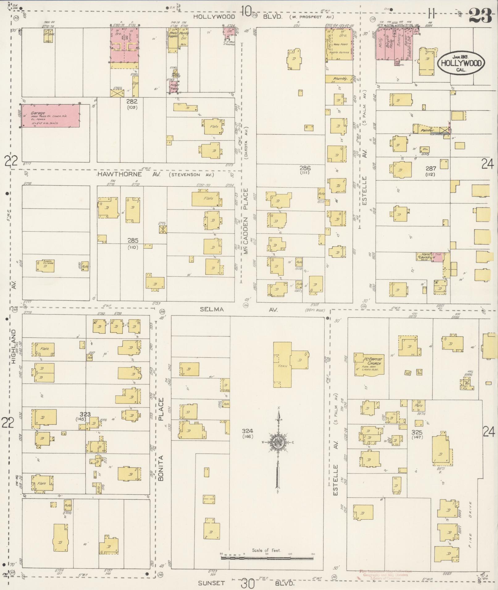 Sanborn Fire Insurance Map from Hollywood, Los Angeles County, California (1913), Sheet #0023 - Historic Sanborn Fire Insurance Map Print, vintage old map wall art, antique decor, genealogy gift, California California map