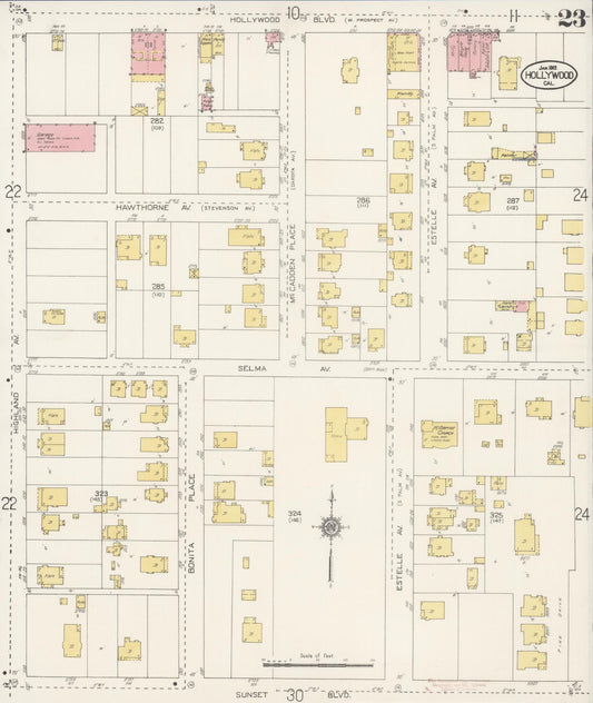 Sanborn Fire Insurance Map from Hollywood, Los Angeles County, California (1913), Sheet #0023 - Historic Sanborn Fire Insurance Map Print, vintage old map wall art, antique decor, genealogy gift, California California map