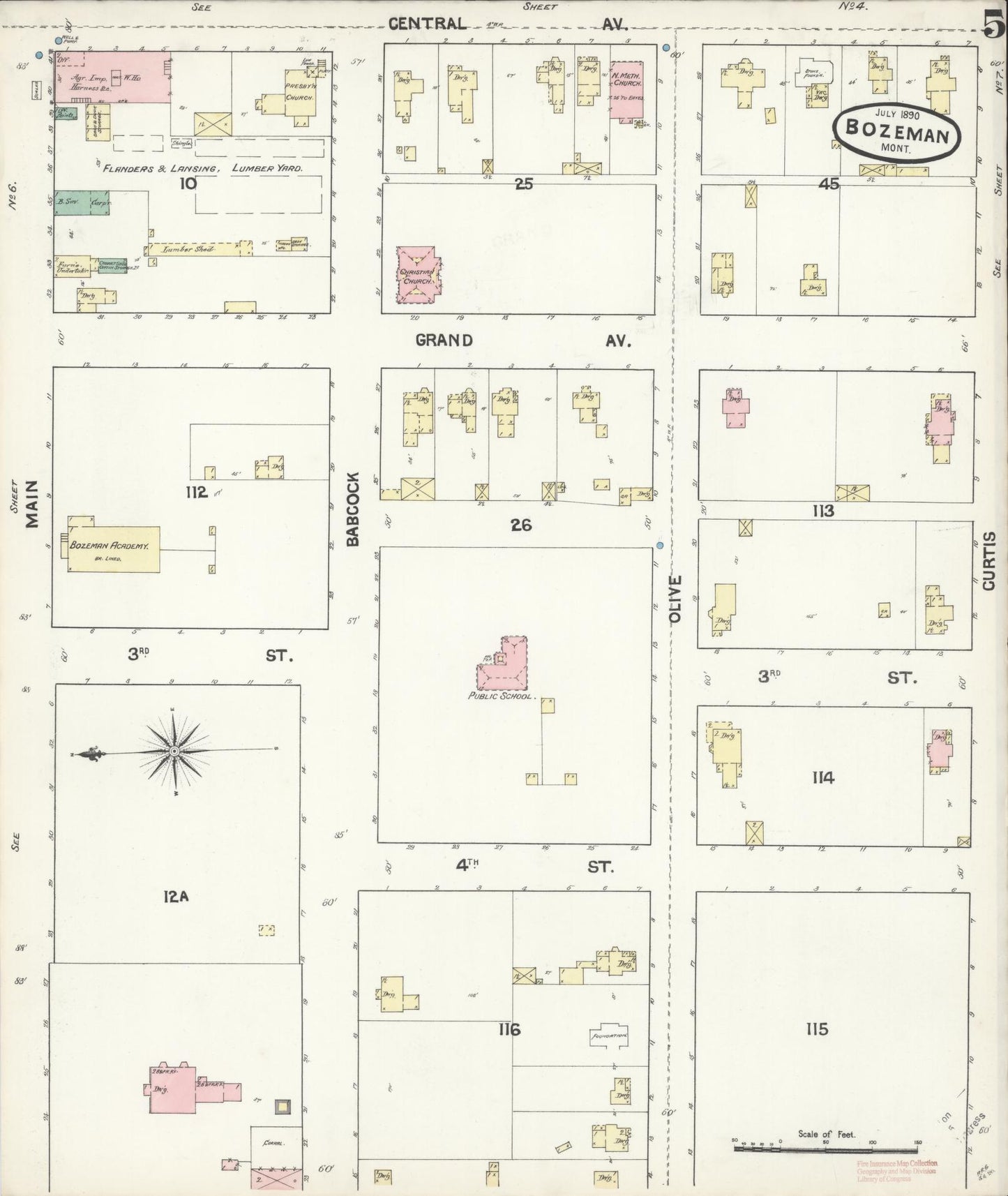 Sanborn Fire Insurance Map from Bozeman, Gallatin County, Montana (1890), Sheet #0005 - Complete Map Set gallery image, historic Sanborn map, vintage wall art, Montana Montana