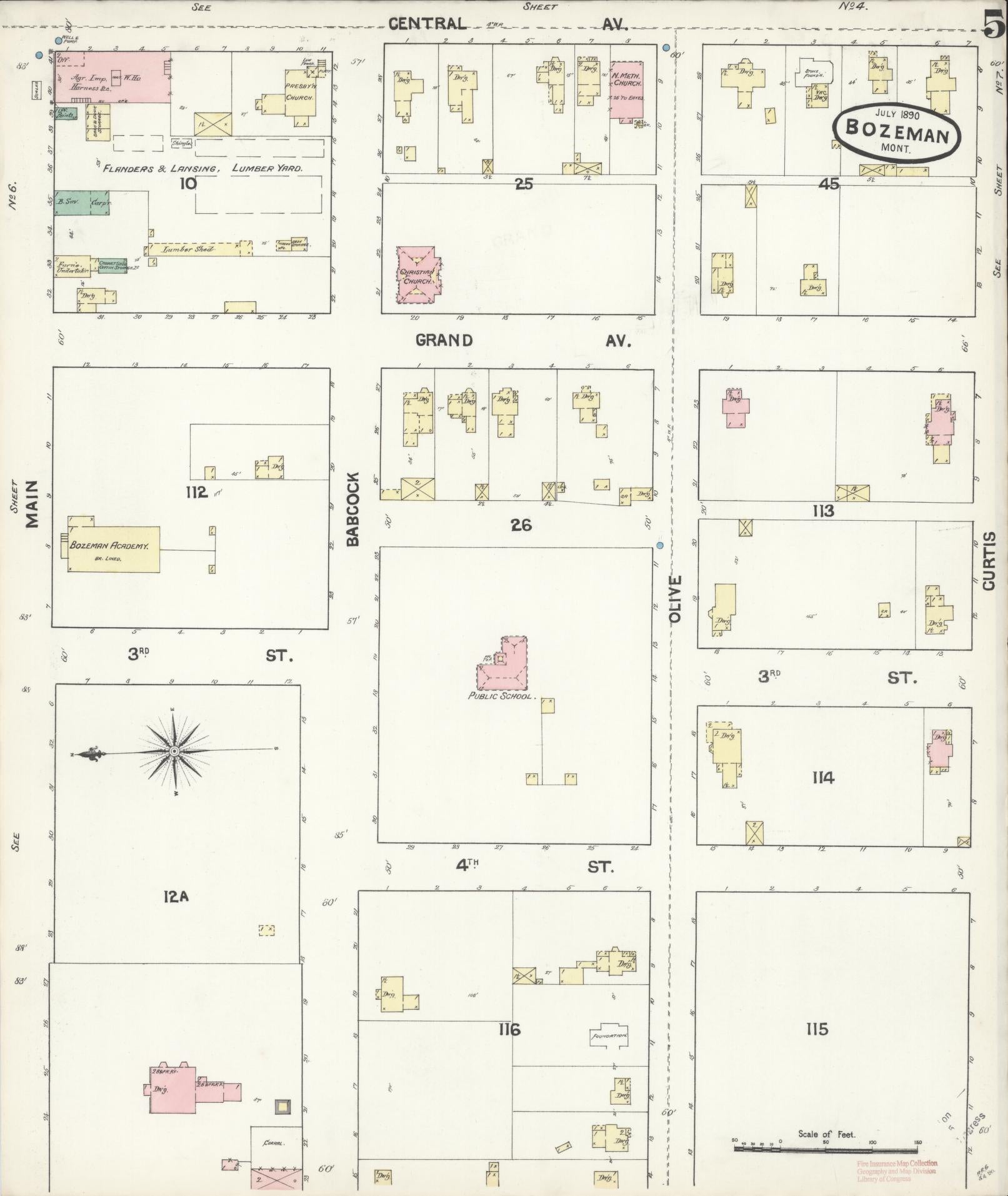 Sanborn Fire Insurance Map from Bozeman, Gallatin County, Montana (1890), Sheet #0005 - Complete Map Set gallery image, historic Sanborn map, vintage wall art, Montana Montana