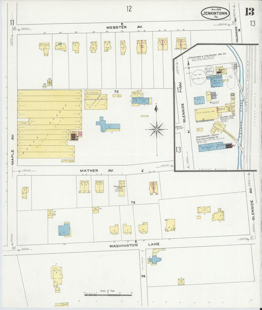 Sanborn Fire Insurance Map from Jenkintown, Montgomery County, Pennsylvania (1909), Sheet #0013 - Historic Sanborn Fire Insurance Map Print, vintage old map wall art, antique decor, genealogy gift, Pennsylvania Pennsylvania map
