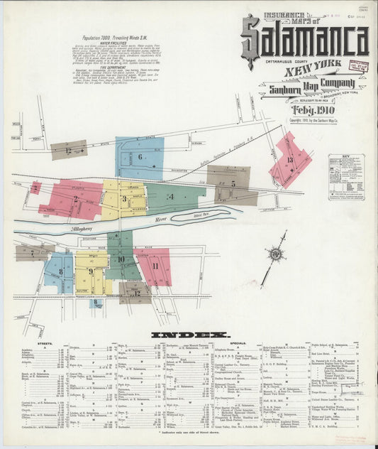 Sanborn Fire Insurance Map from Salamanca, Cattaraugus County, New York (1910), Sheet #0001 - Historic Sanborn Fire Insurance Map Print, vintage old map wall art, antique decor, genealogy gift, New York New York map