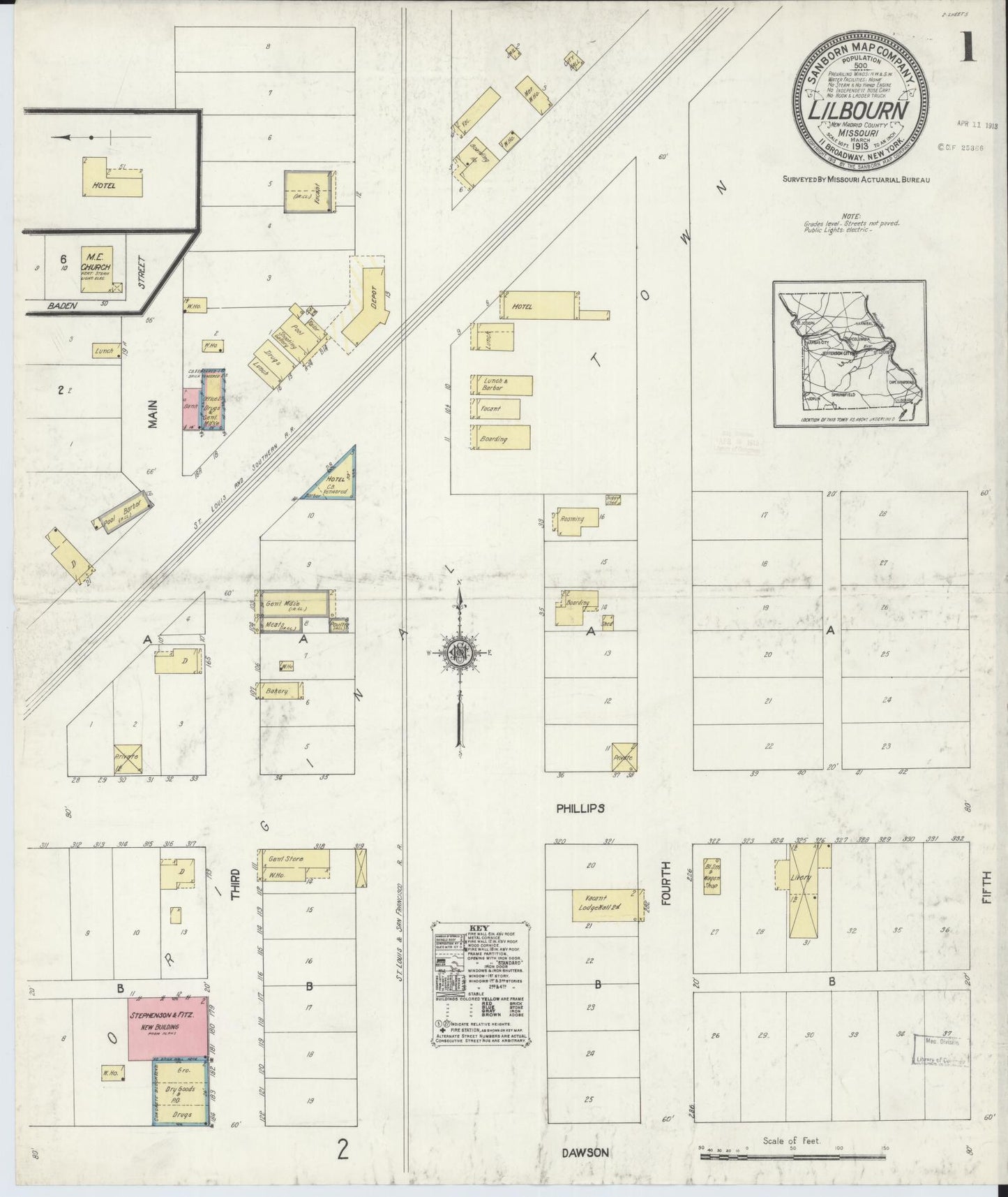 Sanborn Fire Insurance Map from Lilbourn, New Madrid County, Missouri (1913), Sheet #0001 - Complete Map Set gallery image, historic Sanborn map, vintage wall art, Missouri Missouri