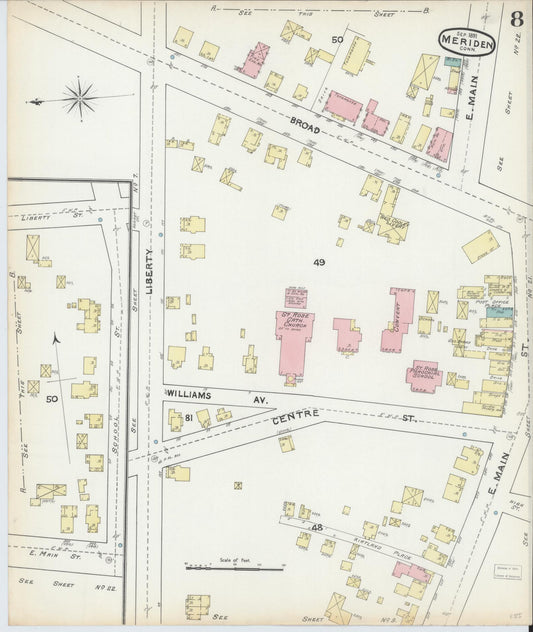 Sanborn Fire Insurance Map from Meriden, New Haven County, Connecticut (1891), Sheet #0008 - Historic Sanborn Fire Insurance Map Print, vintage old map wall art, antique decor, genealogy gift, Connecticut Connecticut map