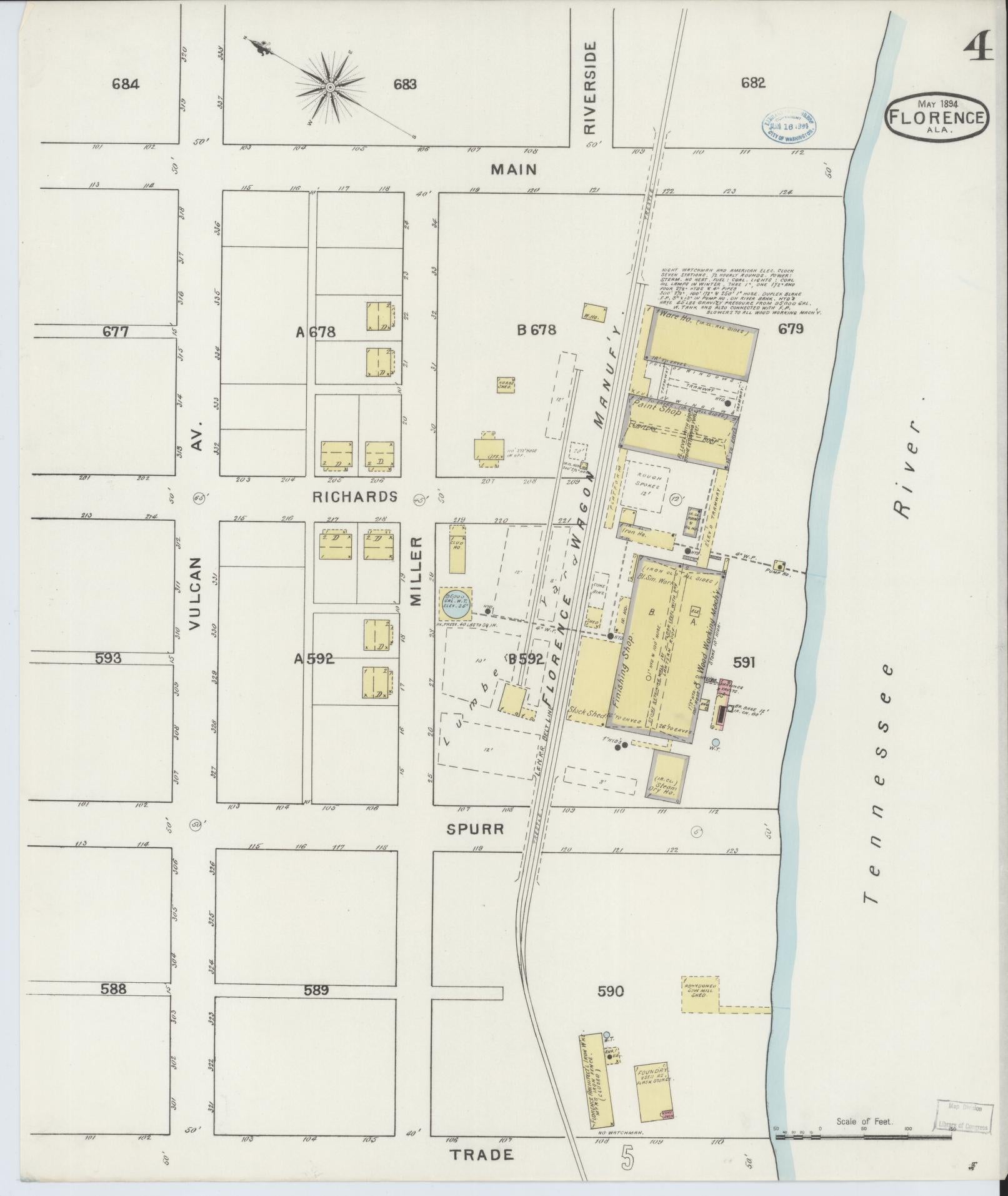 Sanborn Fire Insurance Map from Florence, Lauderdale County, Alabama (1894), Sheet #0004 - Historic Sanborn Fire Insurance Map Print, vintage old map wall art, antique decor, genealogy gift, Alabama Alabama map