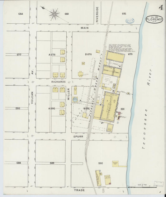 Sanborn Fire Insurance Map from Florence, Lauderdale County, Alabama (1894), Sheet #0004 - Historic Sanborn Fire Insurance Map Print, vintage old map wall art, antique decor, genealogy gift, Alabama Alabama map