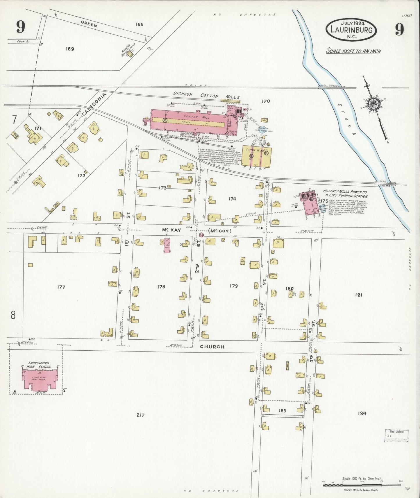 Sanborn Fire Insurance Map from Laurinburg, Scotland County, North Carolina (1924), Sheet #0009 - Complete Map Set gallery image, historic Sanborn map, vintage wall art, North Carolina North Carolina