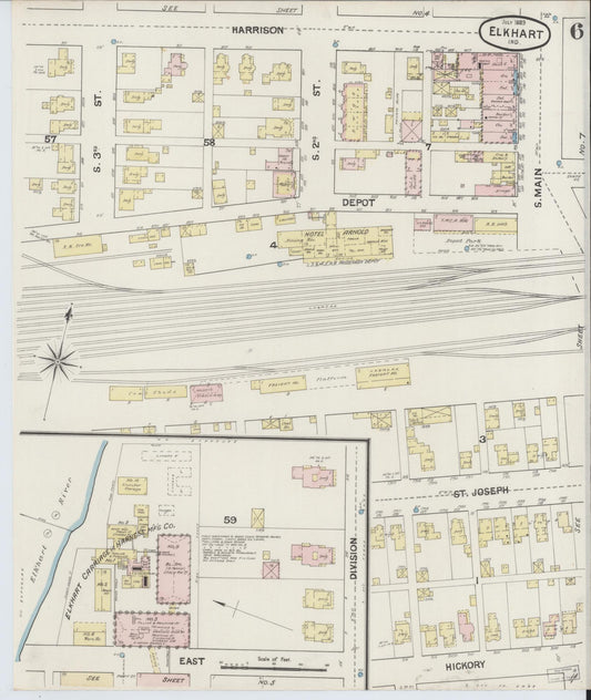 Sanborn Fire Insurance Map from Elkhart, Elkhart County, Indiana (1889), Sheet #0006 - Historic Sanborn Fire Insurance Map Print, vintage old map wall art, antique decor, genealogy gift, Indiana Indiana map