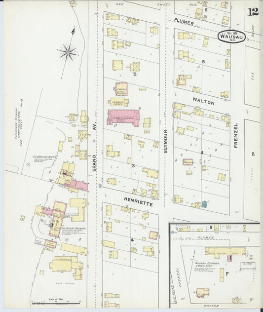 Sanborn Fire Insurance Map from Wausau, Marathon County, Wisconsin (1891), Sheet #0012 - Historic Sanborn Fire Insurance Map Print, vintage old map wall art, antique decor, genealogy gift, Wisconsin Wisconsin map