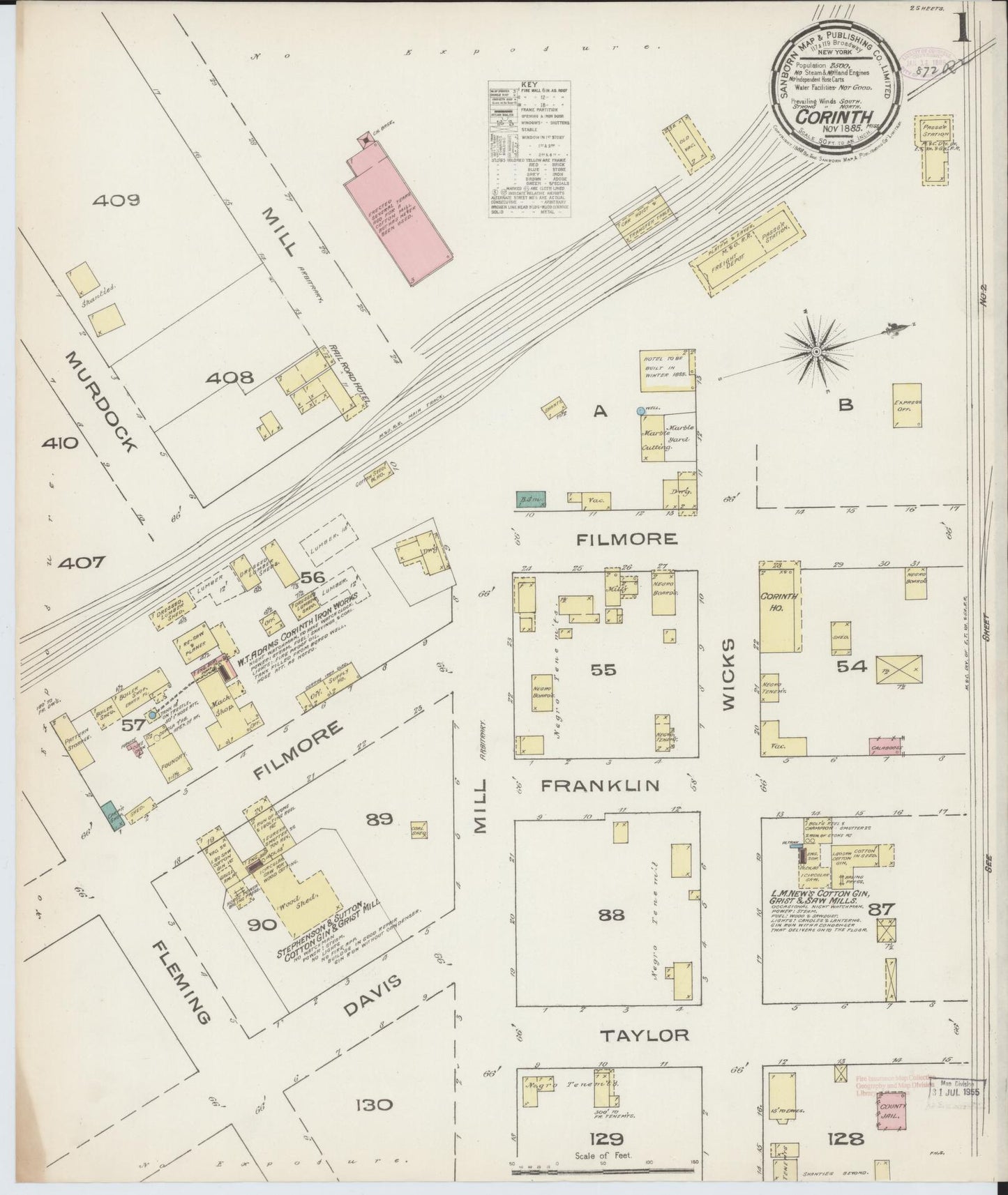 Sanborn Fire Insurance Map from Corinth, Alcorn County, Mississippi (1885), Sheet #0001 - Complete Map Set gallery image, historic Sanborn map, vintage wall art, Mississippi Mississippi